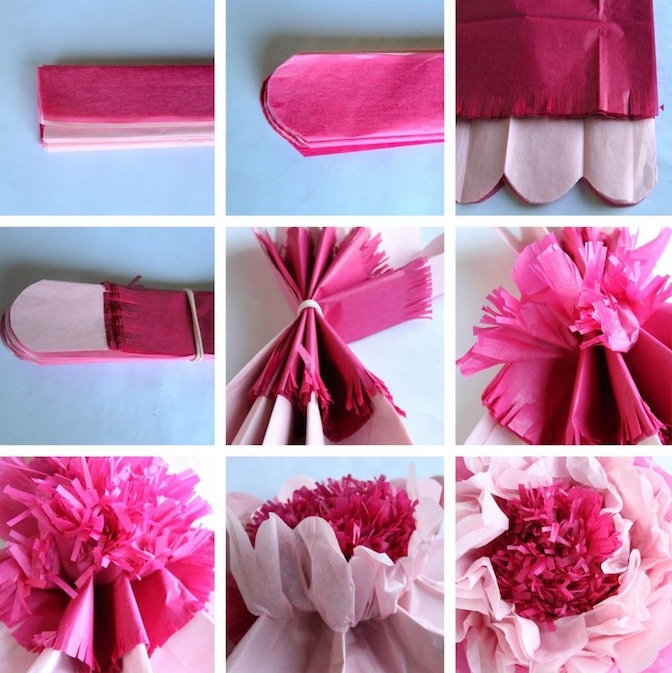 exemple comment créer une fleur en papier de soie, papier rose et fuchsia plié en accordeon et par le milieu, exemple de deco murale et de table mariage