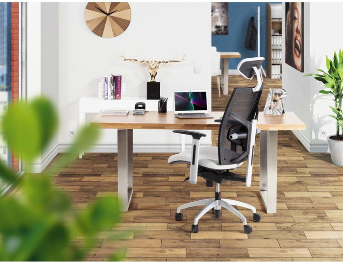 espace de travail à domicile aménagé dans un style contemporaine avec un siège ergonomique aux lignes élancées pourvu d'un repose-tête et d'un soutien dorsal