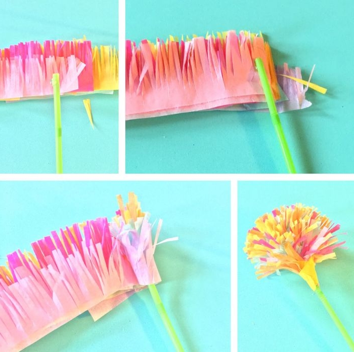 exemple de fleur en papier de soie simple fabriquée à partir d une paille verte et bandes de papier de soie frangées