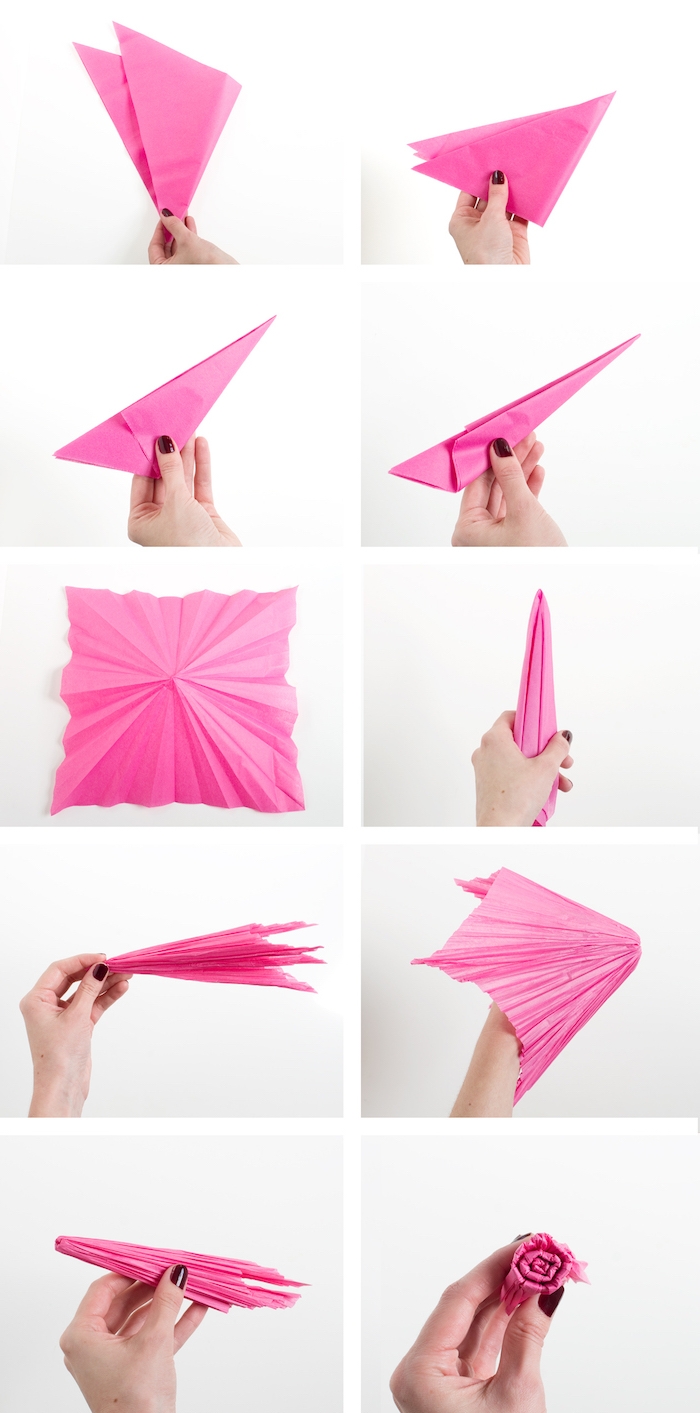 mdele de fleur en papier de soie à fabriquer soi meme, tuto fleur papier avec pliage origami pour créer une rose