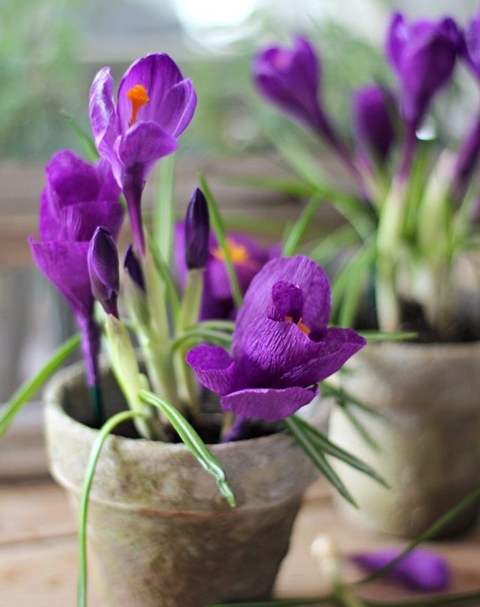 exemple de fleurs papier crepon violettes dans un pot de terre cuite, diy deco maison florale simple