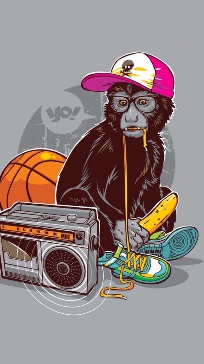 fond d'écran swagg, photo à fond gris avec dessin singe swag en casquette rose et radiocassette