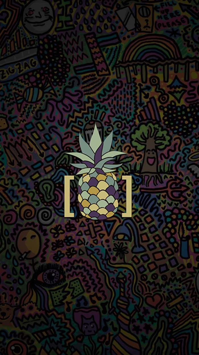 fond d'écran smartphone, dessin en couleurs et motifs variés avec ananas en bleu et pourpre au centre