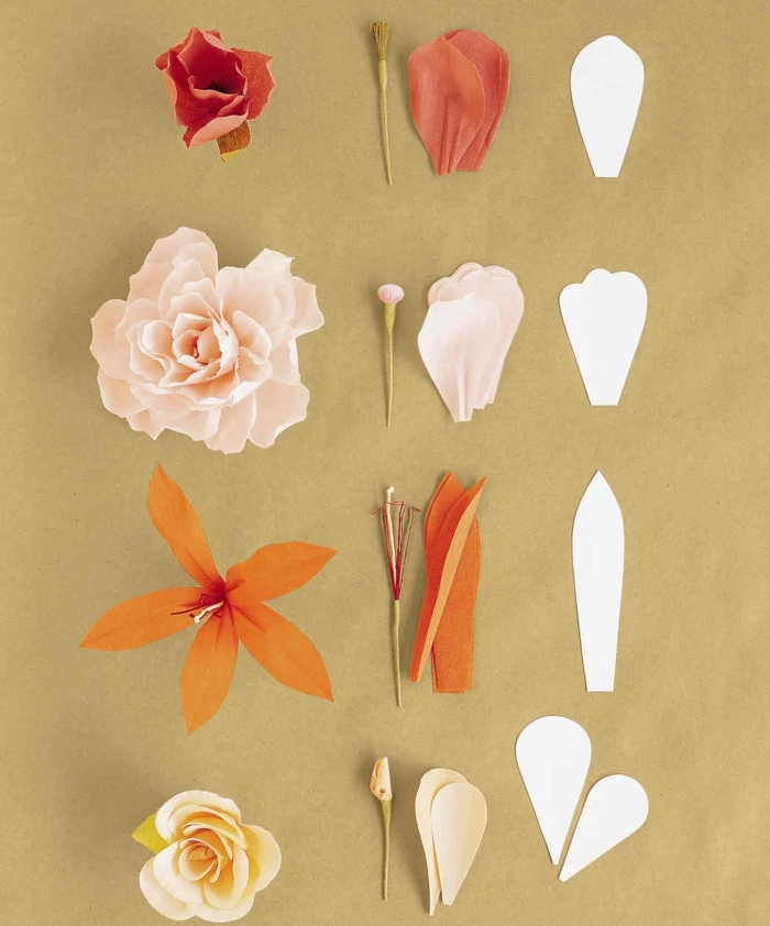 fabriquer des fleurs en papier, idée de diverses fleurs, roses et fleurs de lys à faire soi meme à partir de papier