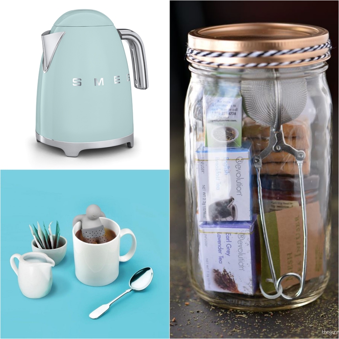 idée cadeau noel pour les fans du thé, un kit de thés dans un bocal personnalisé accompagné d un infuseur à thé original et de bouilloire électrique rétro