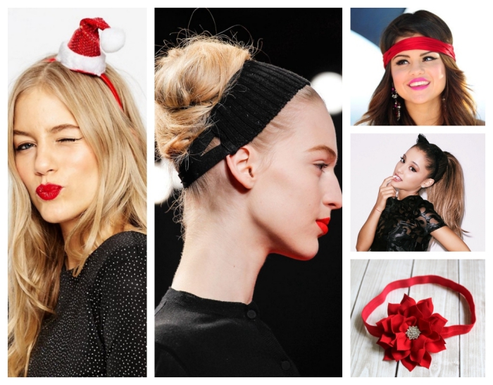 comment choisir sa coiffure de Noel, cheveux longs et blonds avec headband rouge à design chapeau père de noel
