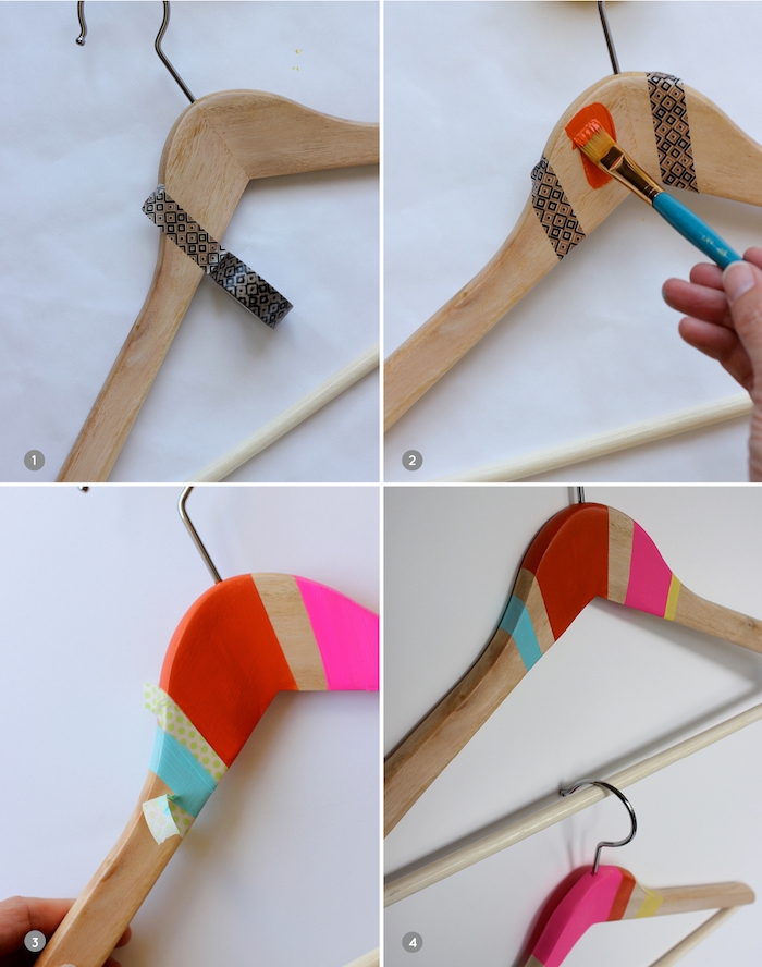 tuto technique pour customiser un cintre en bois, décoration de peinture bandes colorées réalisés avec du washi tape, cadeau anniversaire femme fait maison