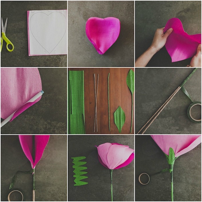 exemple comment faire une fleur en papier crepon simple avec des pétales rose ourlées, tiges en fil de fer et feuillage de papier vert