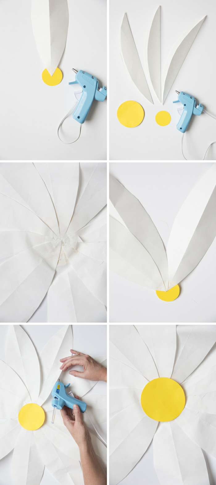 tuto fleur papier, marguerite énorme de pétales blanches et coeur en cercle jaune de papier, technique réalisation étape par étape
