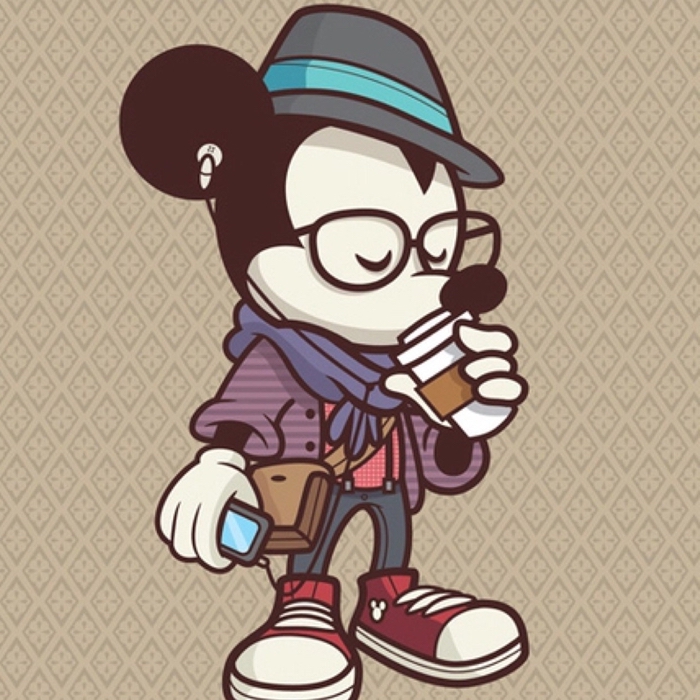 fond d'écran stylé swag, dessin de Mickey Mouse en gilet pourpre et baskets rouge avec tasse de café