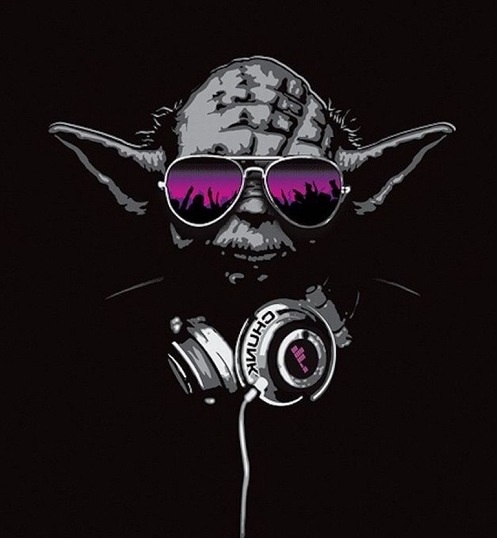 dessin digital en noir avec silhouette de Yoda Star Wars aux écouteur et lunettes de soleil violets