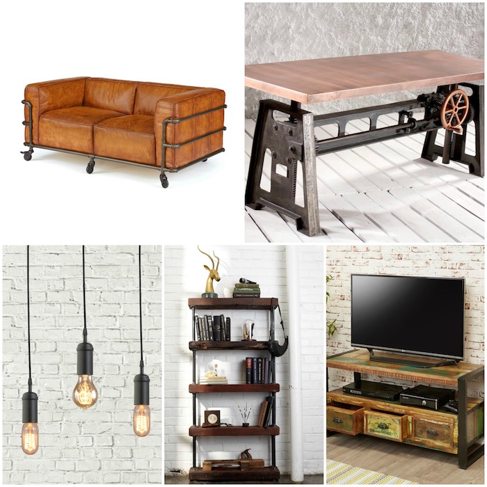 exemple de meubles industriels canapé en cuir noir et metal, table basse industrielle, ampoules electriques nues, etagere et meuble tv industriel