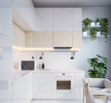 modele de cuisine en l scandinave avec des meubles haits en bas blancs et quelques placards en bois decoration de plantes vertes et petit coin repas e1513865738638