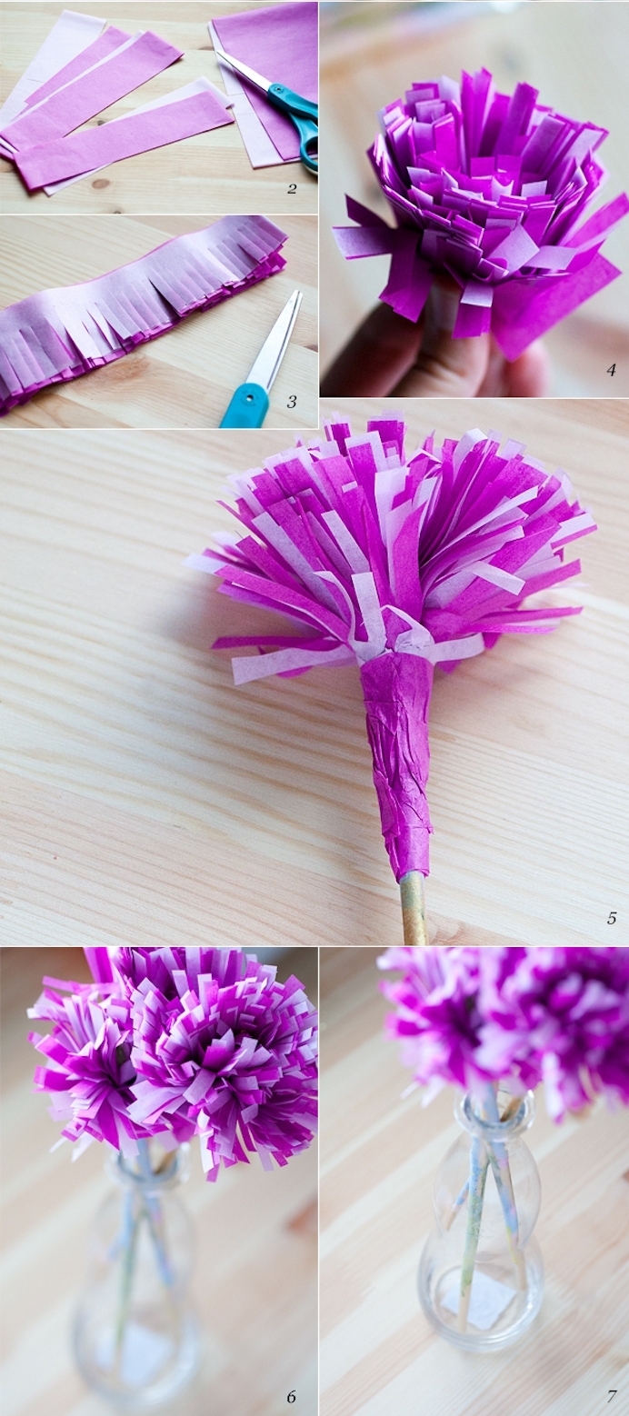fleur en papier facile fabriquée à partir de papier rose et violet frangé, fleurs avec tiges dans un vase en verre