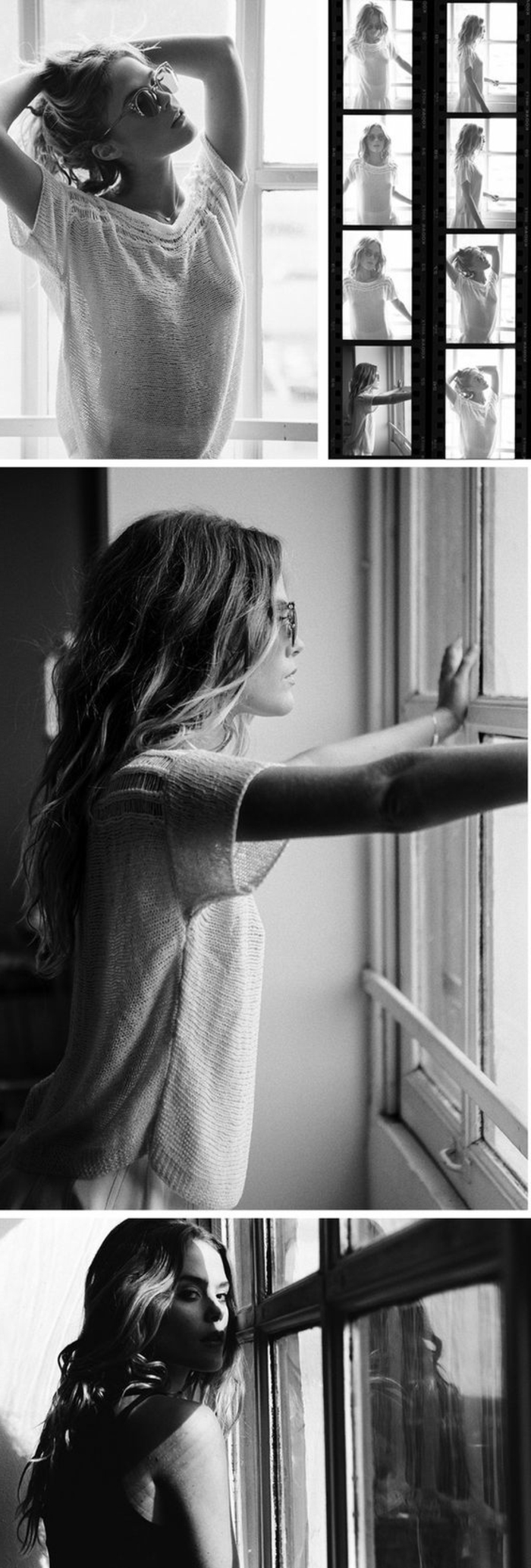 portrait noir et blanc, femme près de la fenêtre, qui s'étire au commencement de la journée, accueille le soleil dans sa chambre 