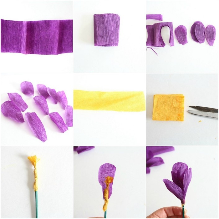 idée que faire avec du papier crépon, une fleure forestière en pétales vioelttes et centre jaune, technique de fabrication