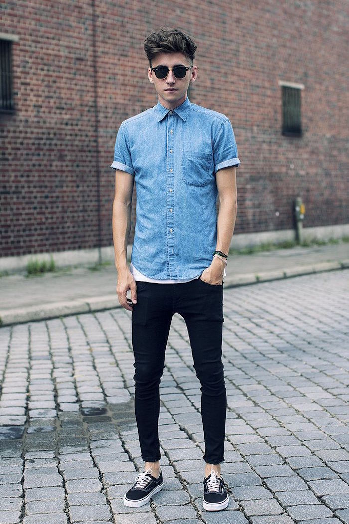 comment porter une chemise en jean manche courte avec skinny vans authentic noir casual hipster