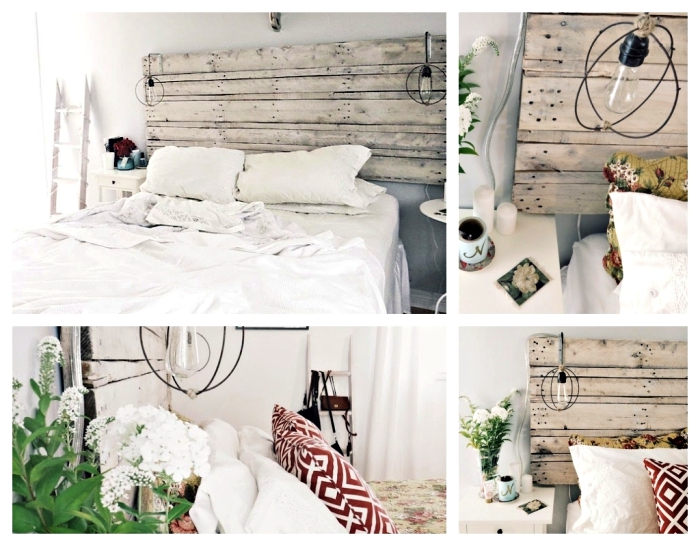 fabriquer une tete de lit en palette, idée comment aménager une chambre en style scandinave avec meubles de bois