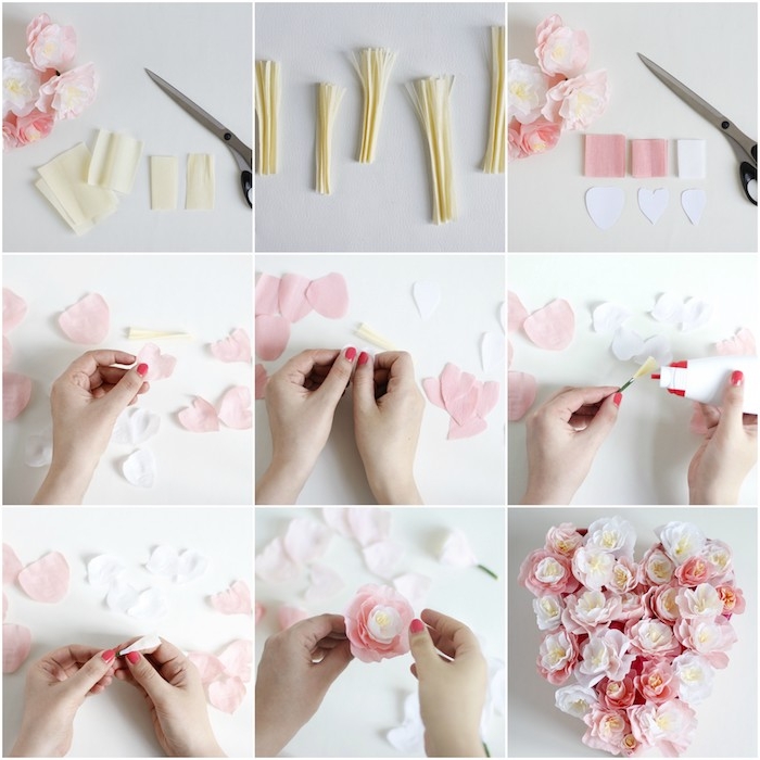 exemple de tuto fleur papier crepon avec un coeur en papier jaune frangé et pétales blanches et rose pour créer un bouquet romantique