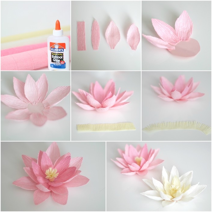 tuto fleur papier crepon, comment le fabriquer à partir de pétales de crépon rose et blanc cassé et centre jaune frangé