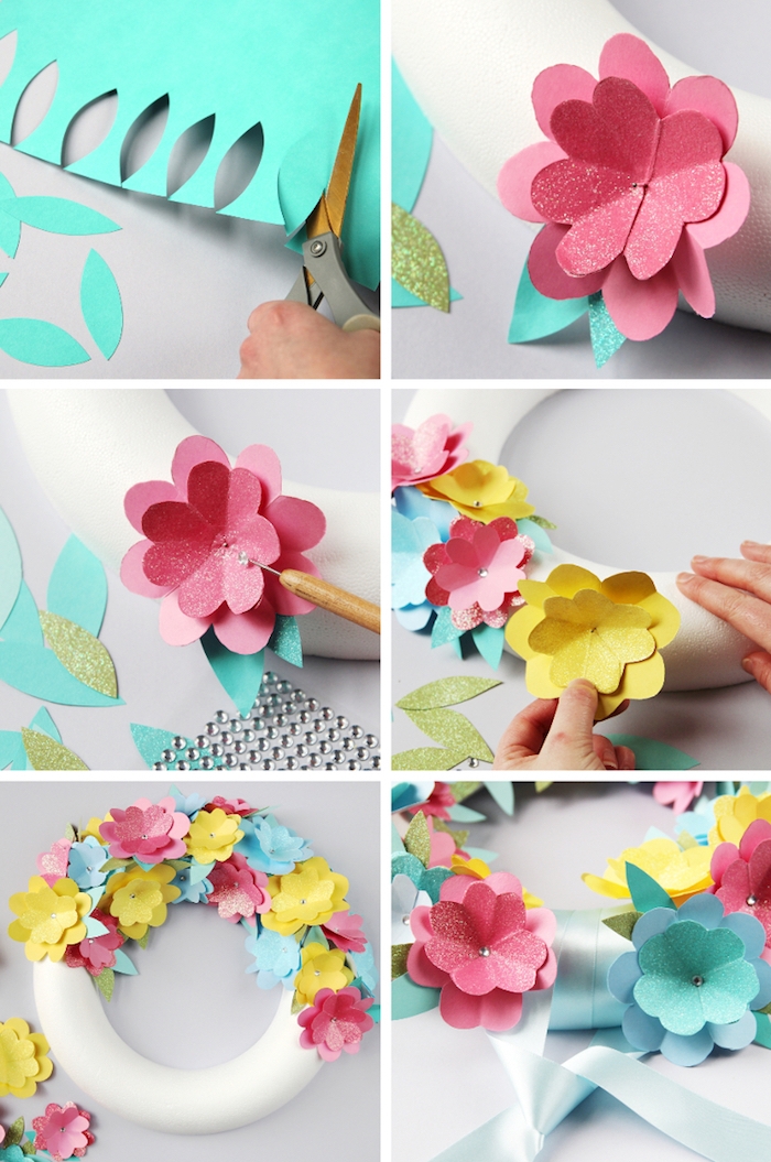 comment faire des fleurs en papier, des fleurs simples en papier colorés pour constituer une couronne fleurie