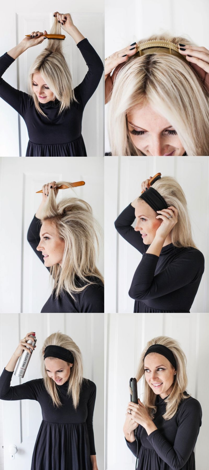 étapes à suivre pour faire une coiffure facile sur cheveux longs et raids, cheveux blond cendré avec ruban noir
