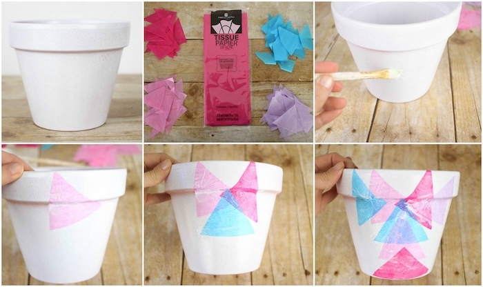 tuto pour fabriquer un pot de fleur personnalisé de triangles de papier de soie en bleu, rose et fuchsia, cadeau pour la fête des mères a fabriquer