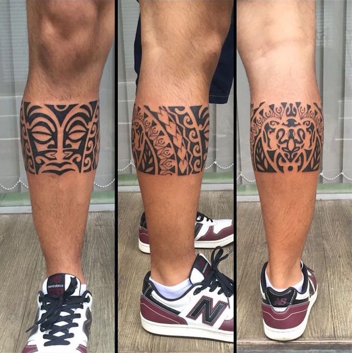 tattoo mollet maori tatouage tribal symbole polynesien jambe homme