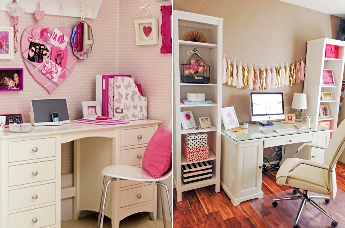 astuces pour arranger le bureau dans la chambre ado fille, décoration avec cadre photo et miroir en rose