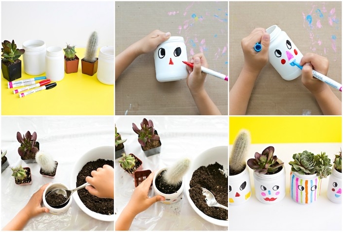 exemple d activité manuelle maternelle, repeindre un pot en verre en blanc avec dessin enfant et planter une plante dedans, cactus, méthode montessori