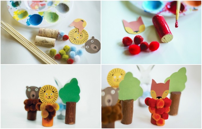 activité montessori avec recyclage de bouchons de liège, têtes d animaux en papier et pompons colorés, bricolage enfant facile