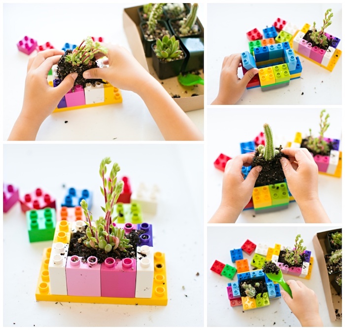 idée comment fair eune jardiniere avec des pièces lego et une plante plantée dedans, activité montessori, jardinage précoce