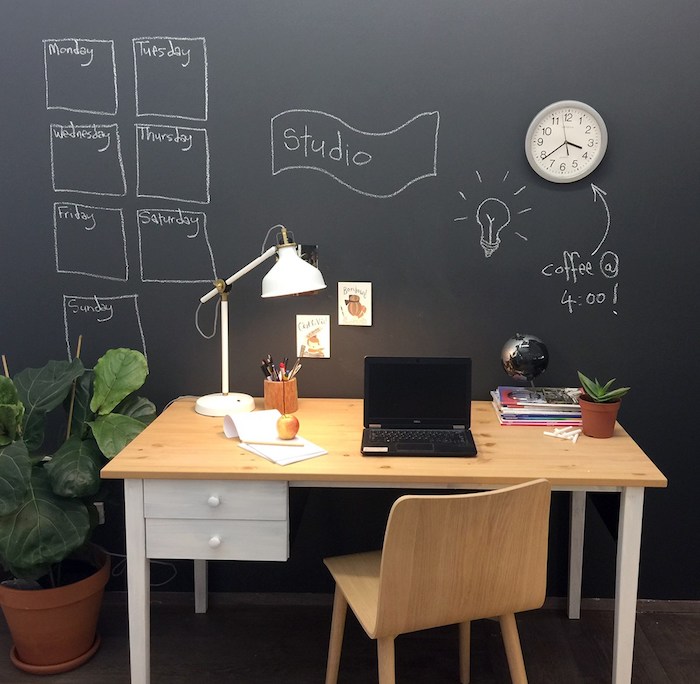 tableau noir craie sur le mur derrière le bureau, table et chaise en bois, plante verte, dessins et infos importantes à la craie