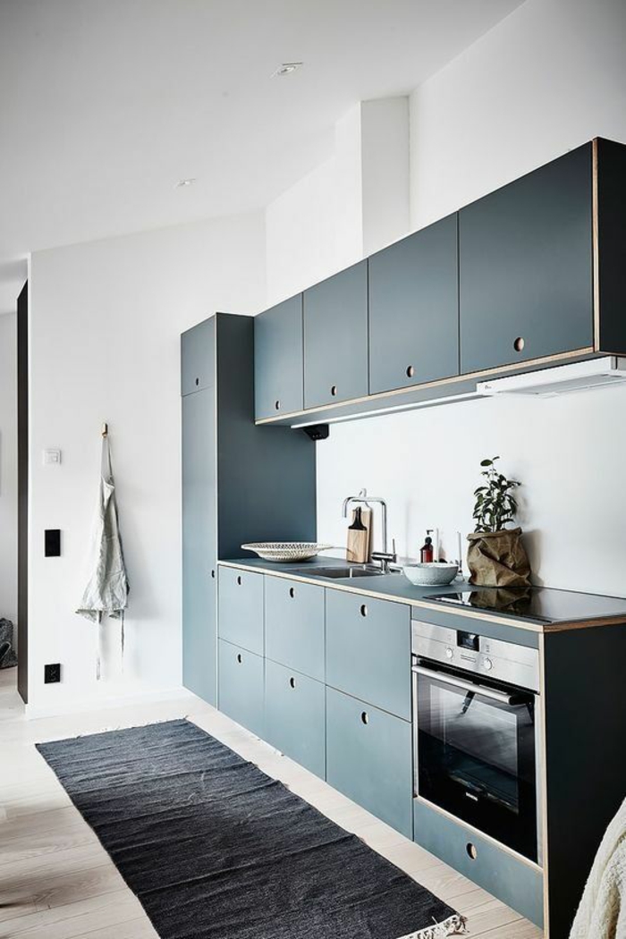 cuisine en longueur, cuisine équipée IKEA, tapis en gris anthracite en forme rectangulaire, murs blancs, plafond blanc 