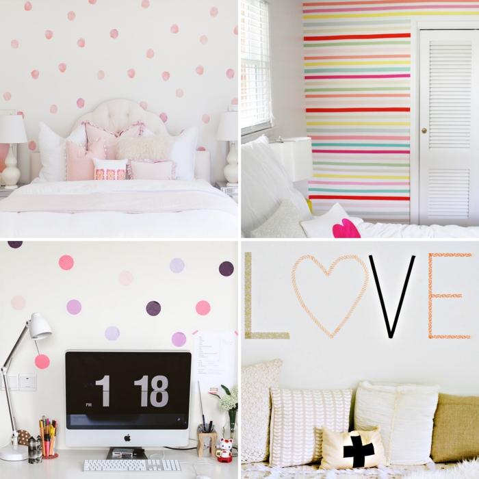 diy déco chambre aux murs blancs décorés de washi tape coloré, tête de lit boutonné blanche et coussins décoratifs de nuance pastel