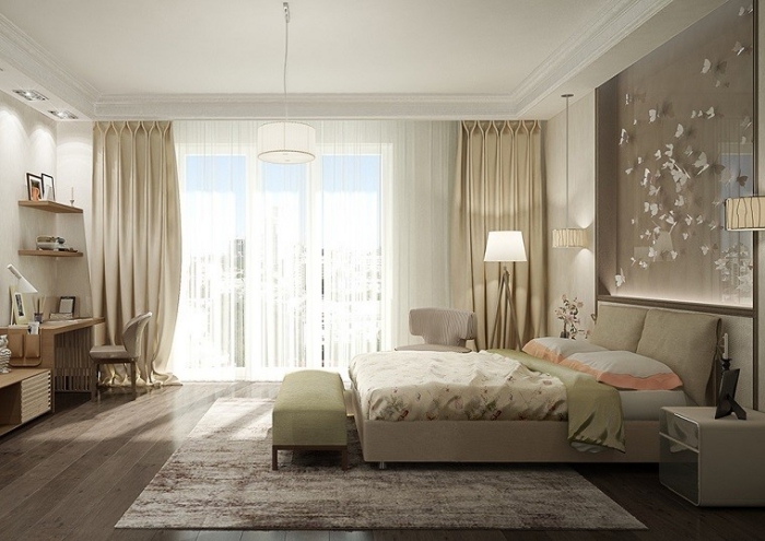 meuble chambre design et luxueux de couleurs neutres et bois, plafond blanc avec décoration en plâtre et éclairage led