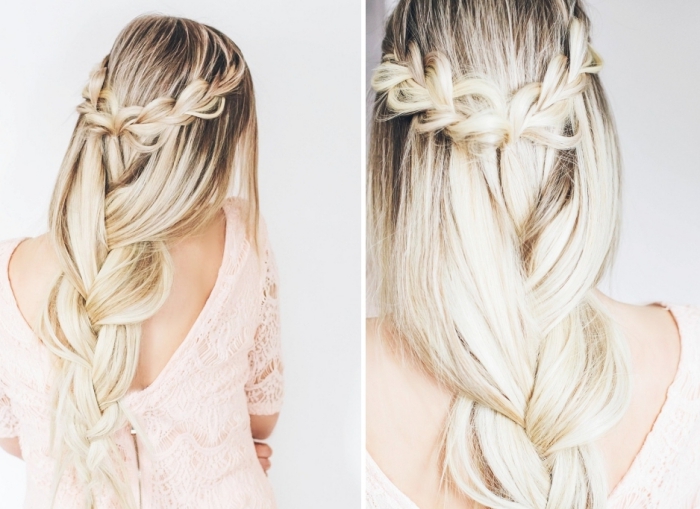 modele coiffure femme, cheveux longs avec racines marron et mèches blondes attachés en tresse flou