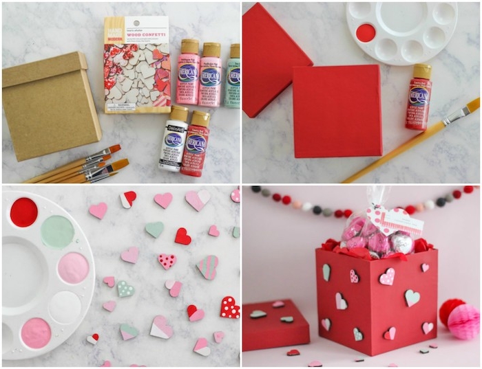 idée de boite en carton repeinte en rouge et décorée de coeurs en bois décoratifs avec des bonbons dedans, cadeau st valentin pour elle