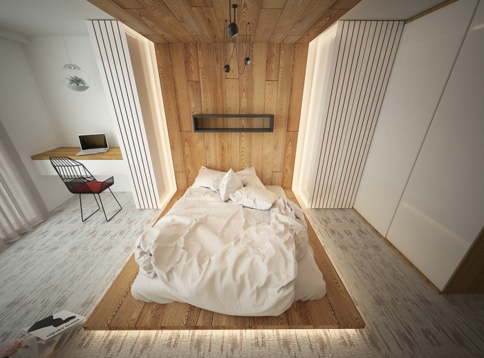 quelle couleur pour chambre homme, pièce moderne à design minimaliste avec tête de lit en bois jusqu'au plafond
