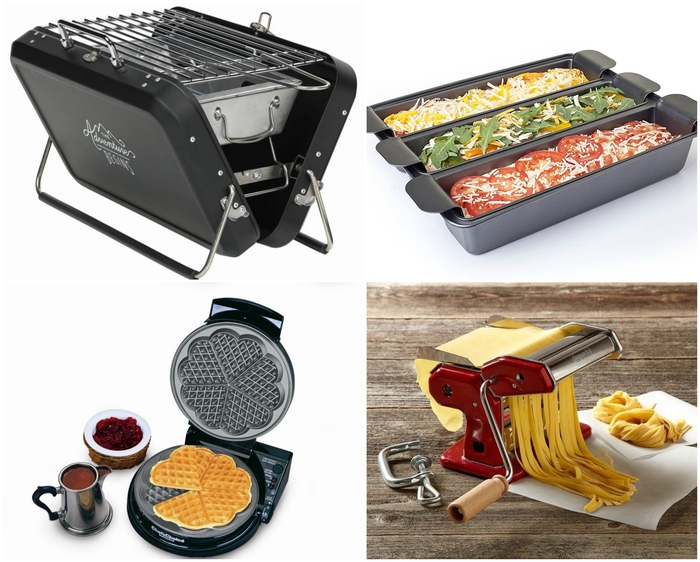  cadeau de saint valentin pour un homme qui aime passer des heures dans la cuisine, un barbecue portable en forme de valise, un triple moule à lasagne, un gaufrier et une machine à pâtes