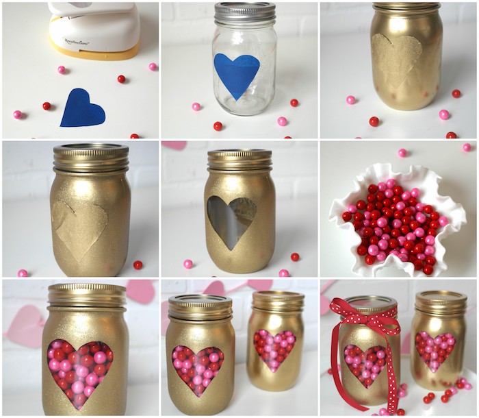 exemple de cadeau saint valentin femme en bocal en verre, décoré de peinture or et peinture à paillettes dorées et motif fenêtre en coeur, boite a bonbons diy
