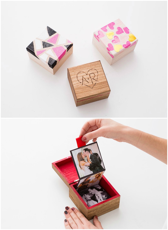 idée originale pour un cadeau de saint-valentin à faire soi-même, une boîte en bois personnalisée avec des initiales à offrir avec un mini-allbum en accordéon