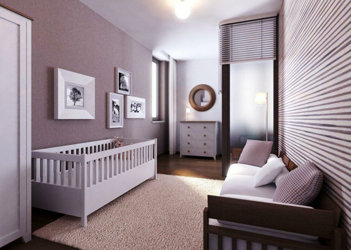 chambre bébé complete pas chere, tapis couleur taupe, lit bébé blanc, commode blanche