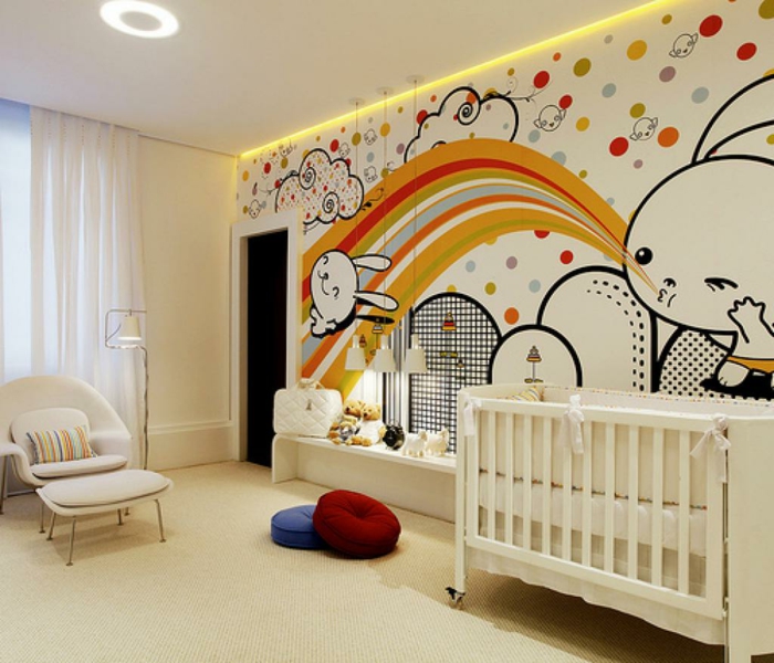 chambre d'enfant, papier peint avec dessins miraculeux, lapins et arc-en-ciel