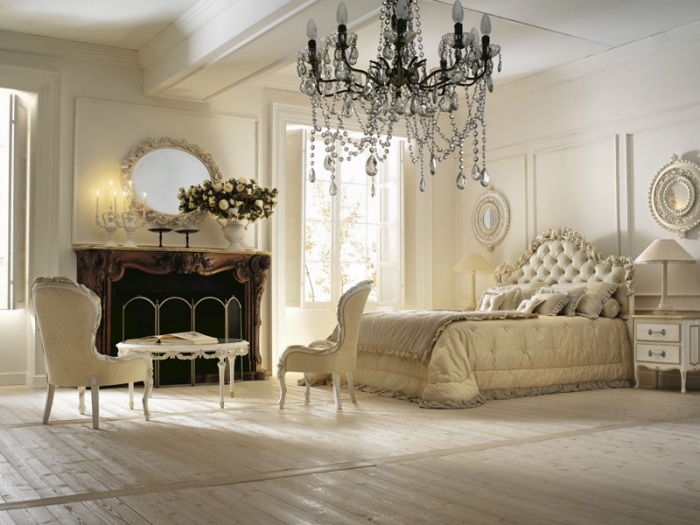comment intégrer la couleur ecru dans la chambre à coucher aux murs et plafond blanc avec déco en style baroque et vintage