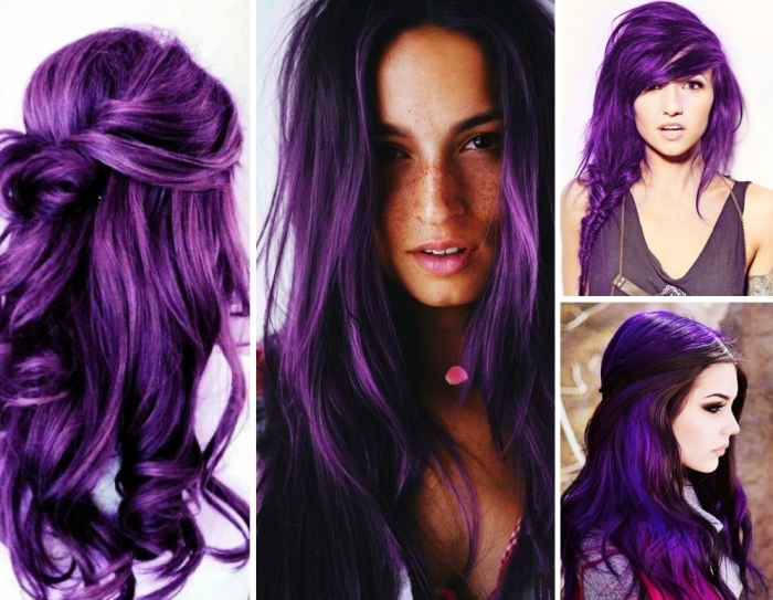 coiffure aux cheveux prune foncé mi-attachés et bouclés, cheveux en tresse avec frange asymétrique de couleur violet