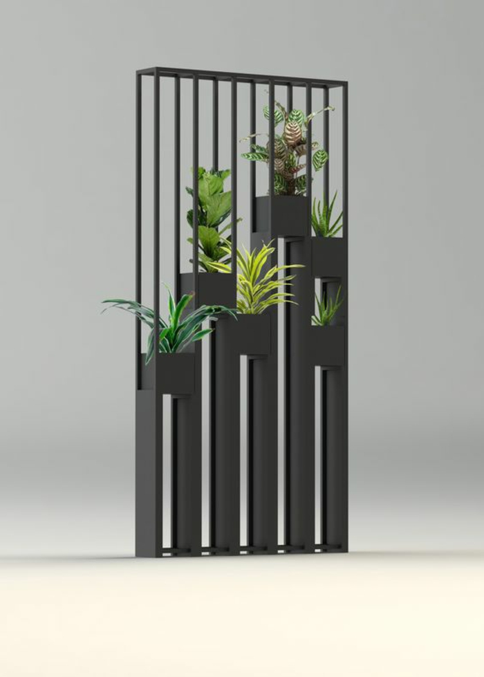 étagère de séparation avec des pots de fleurs, métal gris anthracite, formes décoratives rectangulaires qui se terminent par des barreaux verticaux, separateur de piece mobile