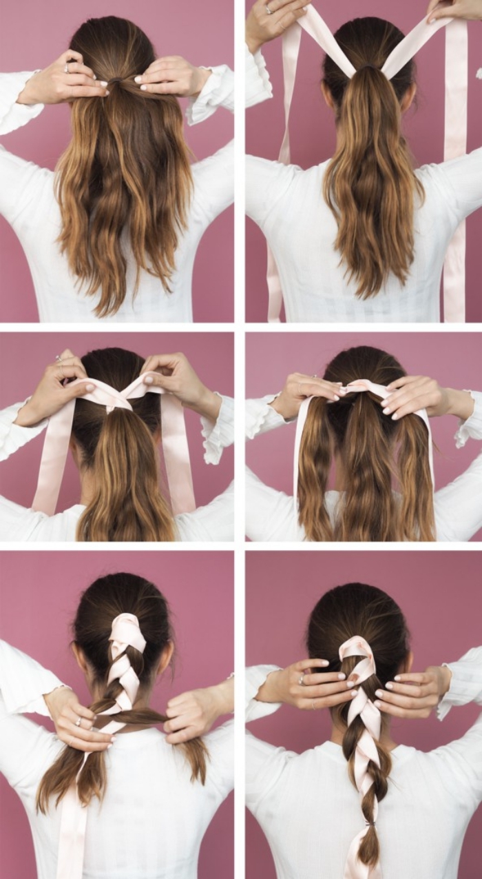 tutoriel pour faire une coiffure en queue de cheval avec ruban long de nuance rose pastel