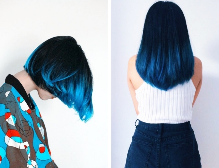 tie and dye brune, idée comment réaliser une coloration de nuance bleu foncé sur cheveux de base foncée