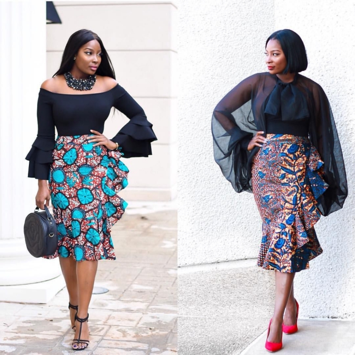 exemple femme stylée en top noir et jupe aux motifs africains, modèle de jupe longueur genoux en tissu africain
